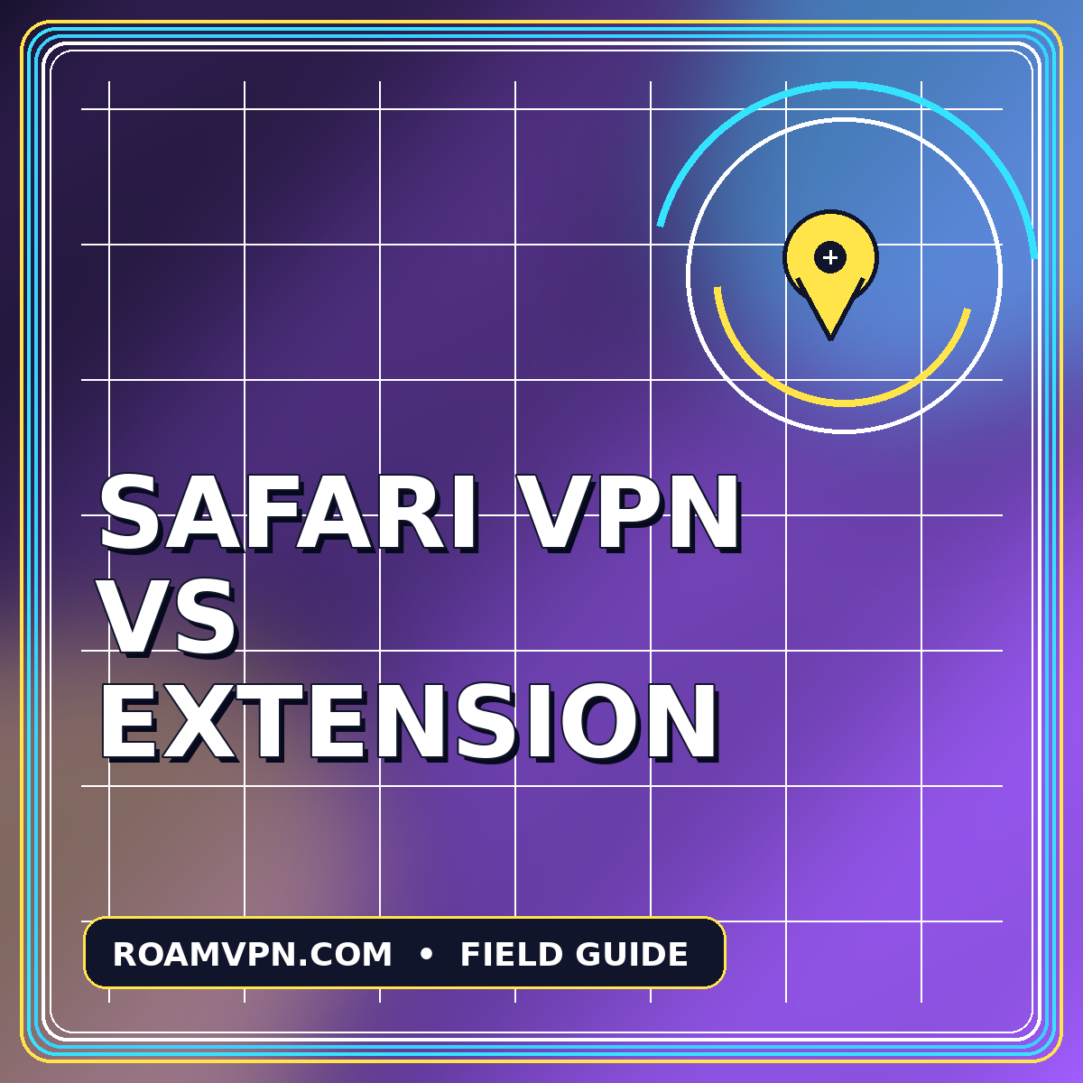Neon typography card reading Safari VPN vs Extension with a route pin graphic