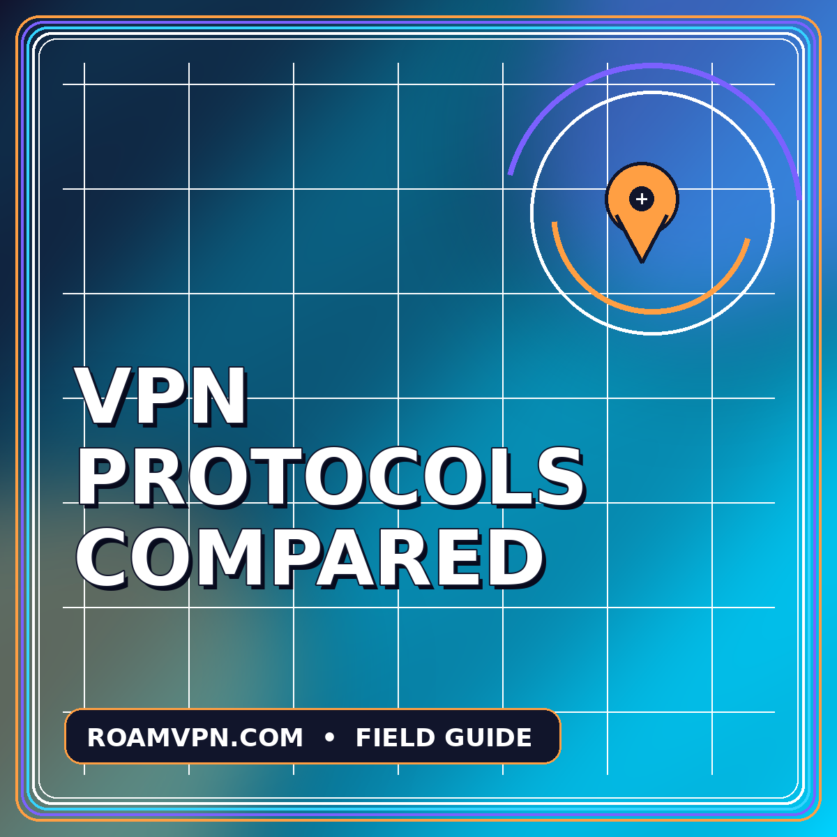Neon typography card reading VPN Protocols Compared with a route pin graphic